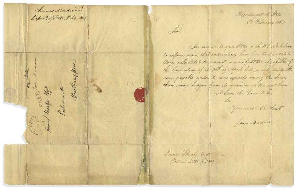 James Madison Letter Twice-Signed as Secretary of State, Regarding a Change in Payment Terms for the Louisiana Purchase -- ''instructions...to Paris...to promote a modification, if possible''